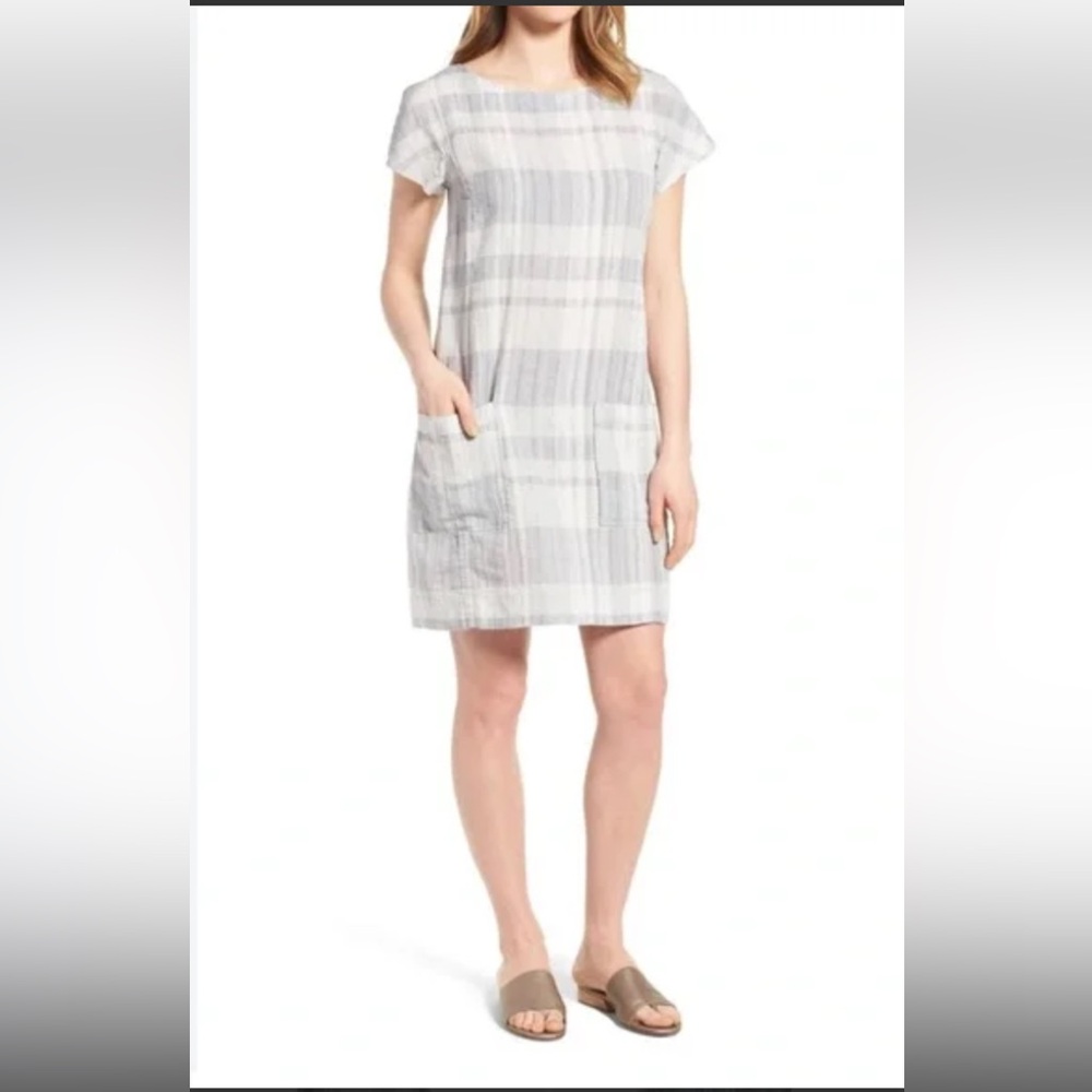 Eileen Fisher Linen‎ Blend Boat Neck Checkered Shift Dress small petite workwear